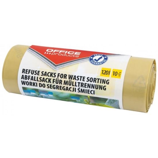 Saci menajeri colecatare selectiva OFFICE Products, 120 litri, rezistenti, LDPE, 10 buc/set, galben (deseuri plastic)