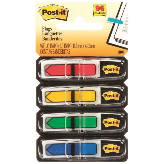 Index adeziv din plastic Post-it Arrow (684-ARR3), cu sageata, in dispenser, 12 x 43 mm, set 4 x 24 file color
