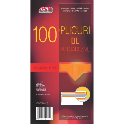 Plic pachet DL (110 x 220 mm), alb, autoadeziv, 100 bucati 