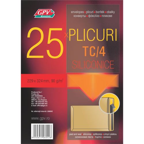 Plic pachet C4 (229 x 324 mm), kraft, siliconic, 25 bucati