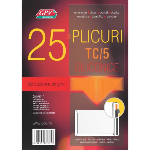 Plic pachet C5 *TC (162 x 229 mm), alb, siliconic, 25 bucati