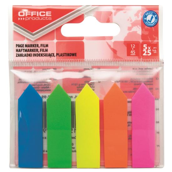 Index adeziv din plastic OFFICE Products, cu sageata, 45 x 12 mm, set 5 x 25 file color