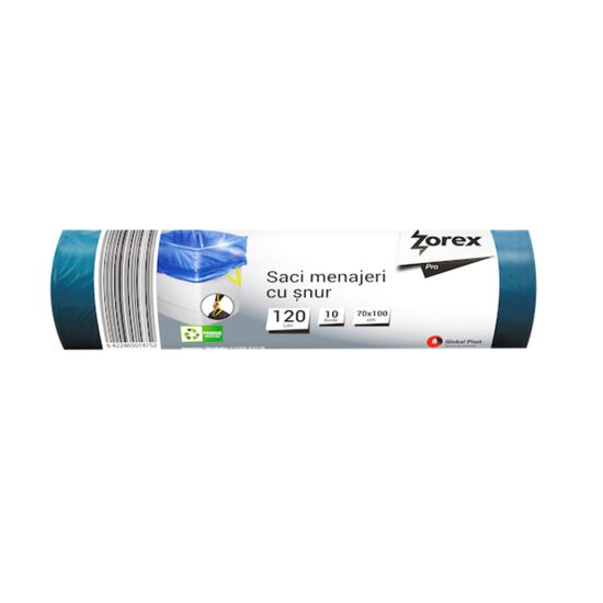 Saci menajeri cu snur ZOREX Pro, 120 litri, rezistenti, LDPE, 10 buc/set