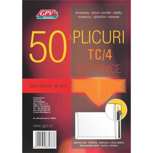 Plic pachet C4 (229 x 324 mm), alb, siliconic, 50 bucati