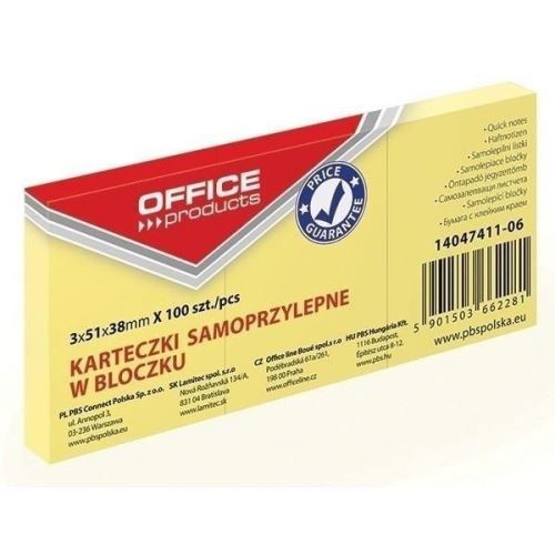 Notite adezive OFFICE Products,  38 x 51 mm, galben pal,  100 file