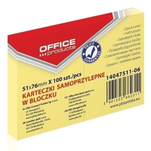 Notite adezive OFFICE Products,  51 x 76 mm, galben pal,  100 file
