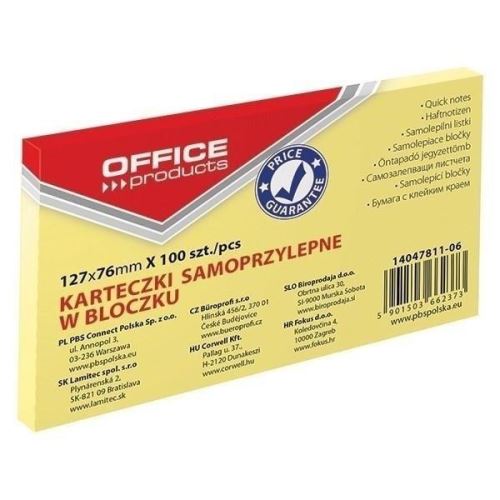 Notite adezive OFFICE Products,  76 x 127 mm, galben pal,  100 file