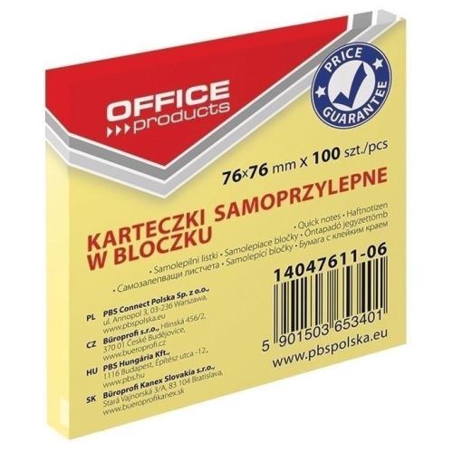 Notite adezive OFFICE Products,  76 x 76 mm, galben pal,  100 file