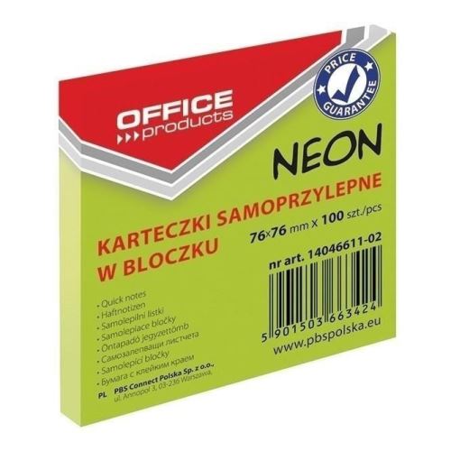 Notite adezive OFFICE Products,  76 x 76 mm, verde neon,  100 file