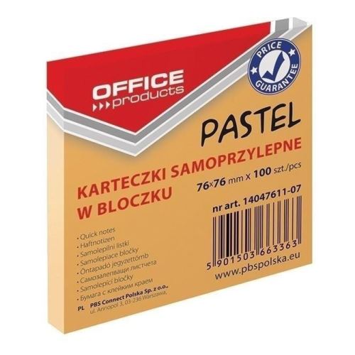 Notite adezive OFFICE Products,  76 x 76 mm, portocaliu pastel,  100 file